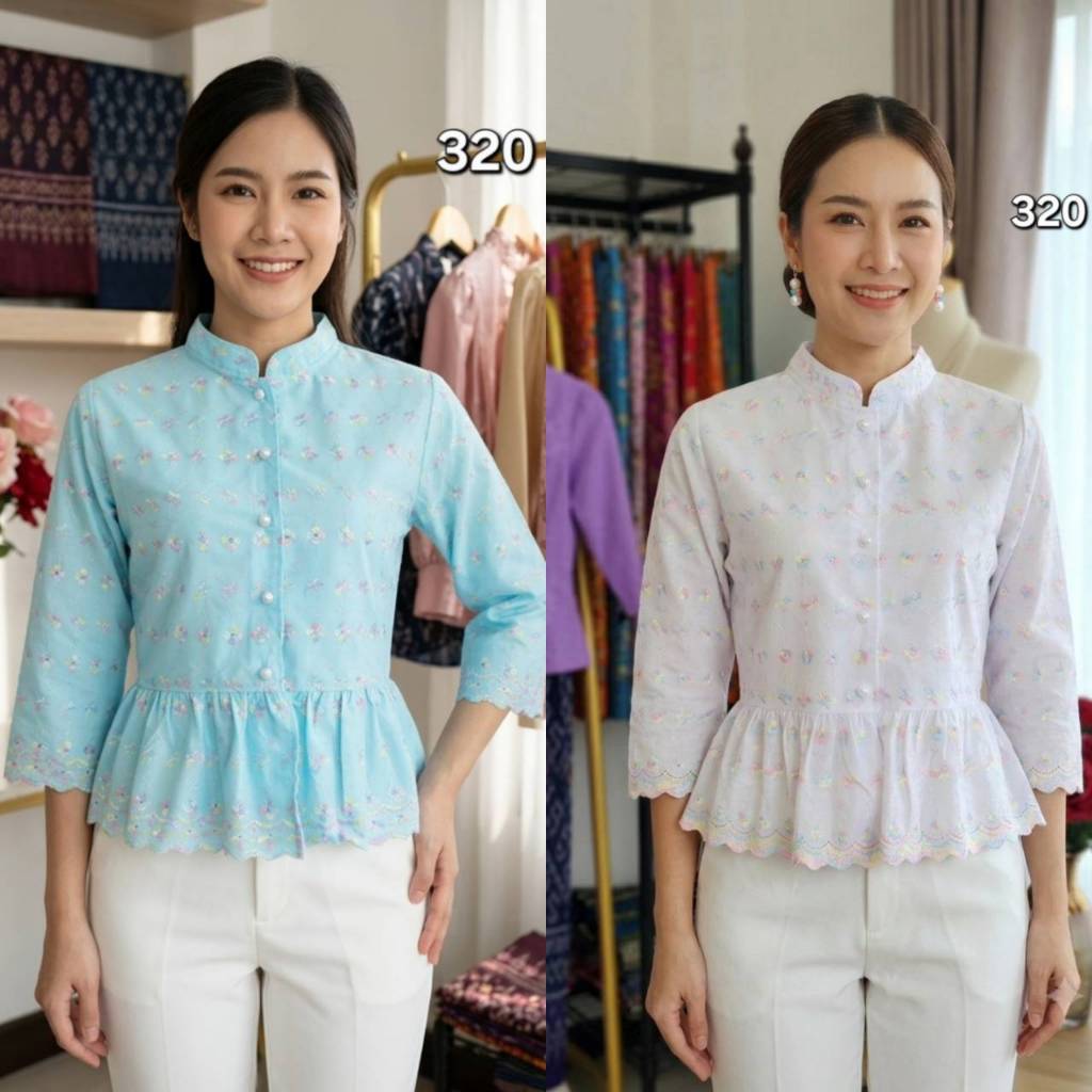 อก34-54นิ้ว เสื้อผ้าฝ้ายปักลายสลับสีพาสเทล คอจีน เอวระบาย สีฟ้า สีขาว