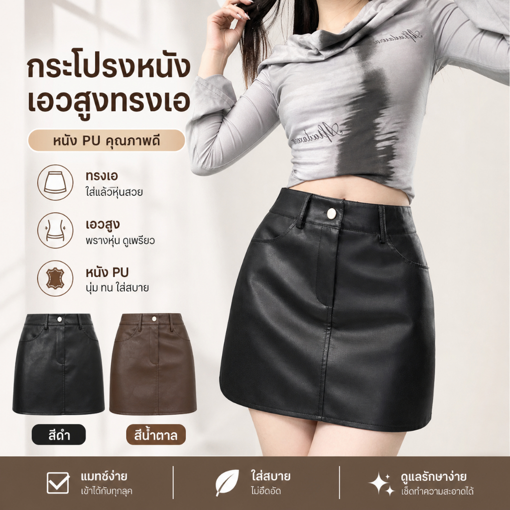 M‌AI กระโปรงหนังสีดำ เอวสูง A-line ภายในมีกระดุมและซิปด้านหน้า เซ็กซี่สลิมมิ่ง เหมาะกับการเดินเที่ยว/ทำงาน