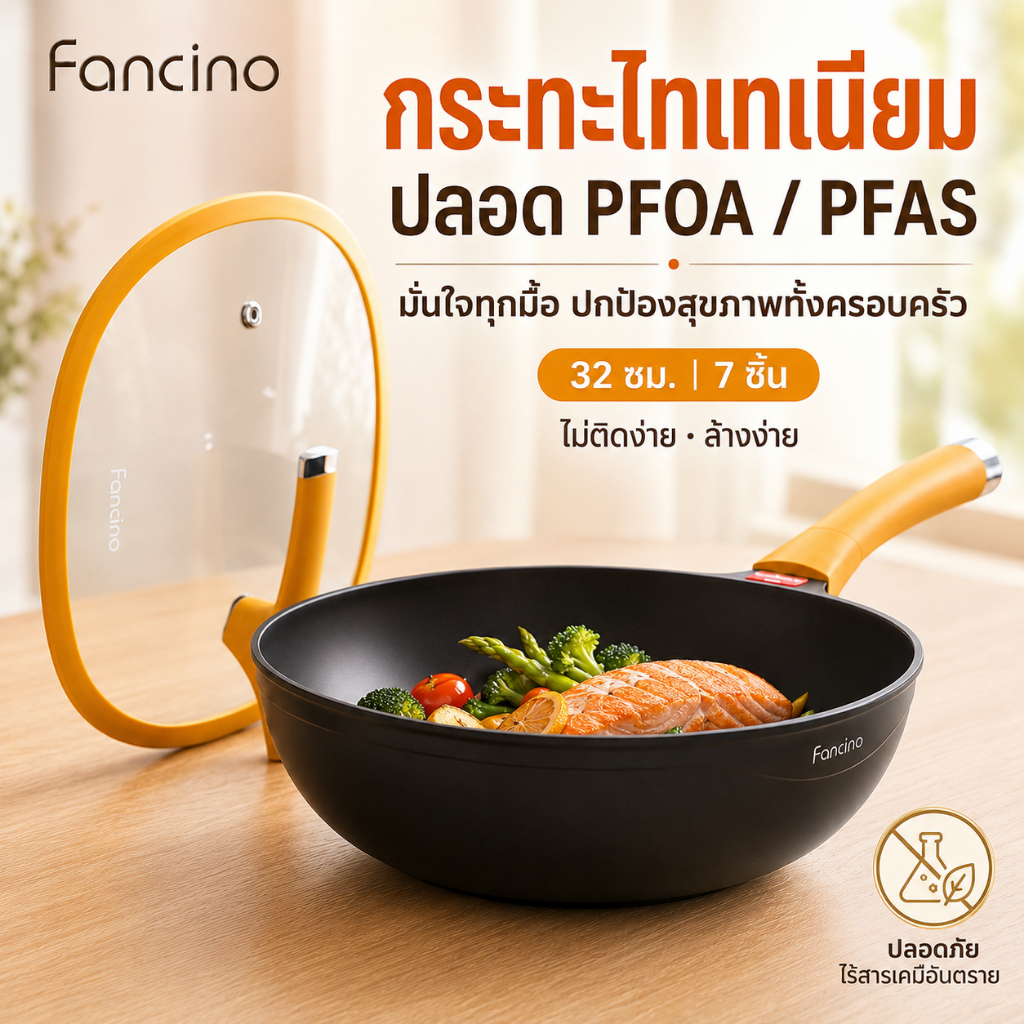 Fancino กระทะ 32 ซม. ไทเทเนียม 7 ชิ้น ใช้ได้กับเตาทุกประเภท ปราศจาก PFOA PFAS มือจับทนความร้อน