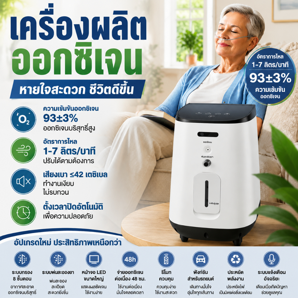 VARON สมาร์ทเตอร์บ้านออกซิเจนเครื่องกำเนิดไฟฟ้า เครื่องผลิตออกซิเจน1-7L ไหลปรับ, ความเข้มข้นของออกซิ