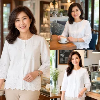 ร้านแชมป์อุดร เสื้อลูกไม้ฉลุผ้าบางคอกลมฝ่าหน้าแขนตรง มีมากกว่า 10 สี อก S,M,L,XL,2L,3L ชุดไปวัด