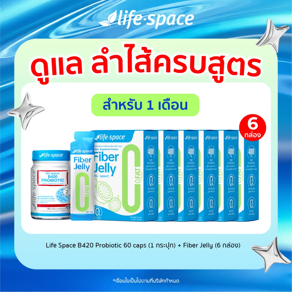 [set 1 เดือน] Life Space B420 Probiotics 60 แคปซุล 1กระปุก + Fiber Jelly Prebiotics 6 กล่อง คุมหิว ดูแลลำไส้