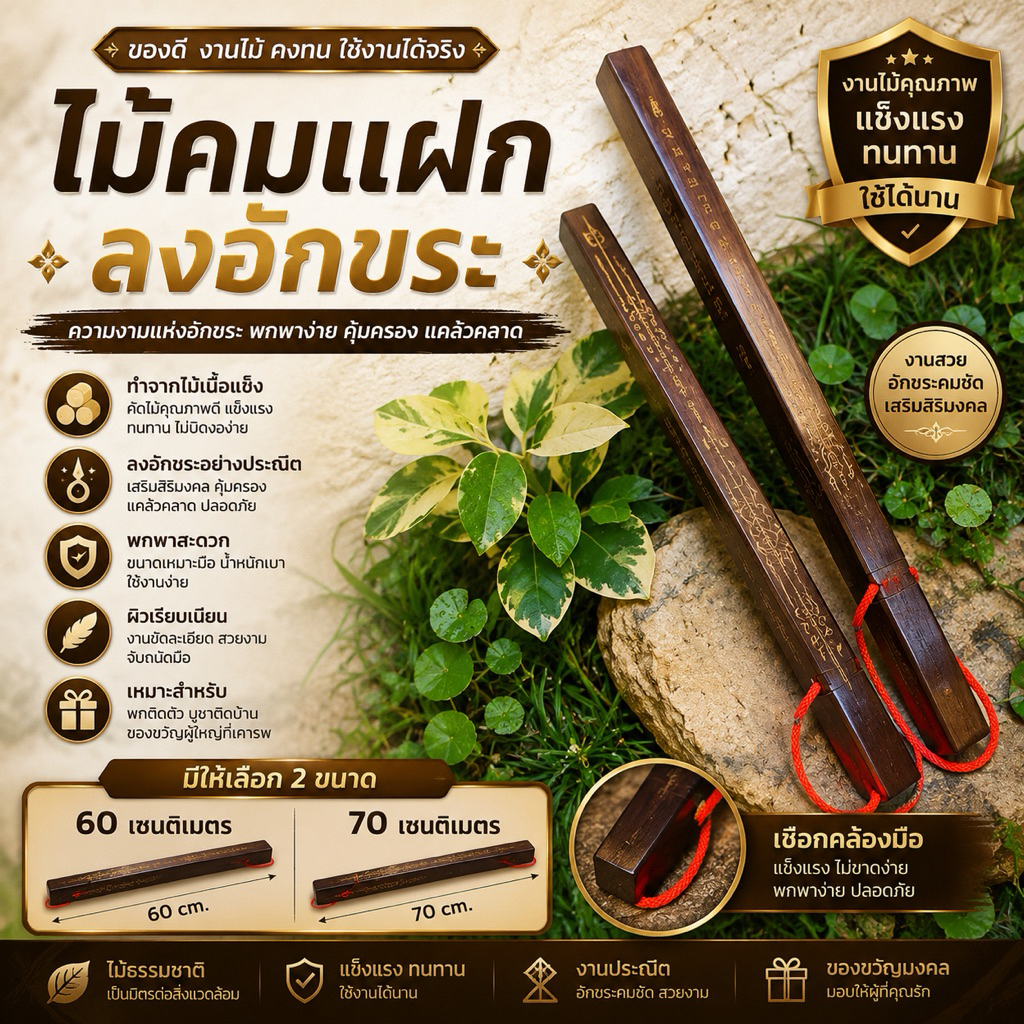 ไม้คมแฝก ลงอักขระ ขนาดยาวประมาณ 60/70 ซม.