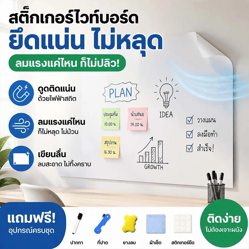 กระดานไวท์บอร์ด สติ๊กเกอร์ไวท์บอร์ด whiteboard ทำความสะอาดง่าย เขียนได้ ติดง่าย ไม่ทำลายผนัง