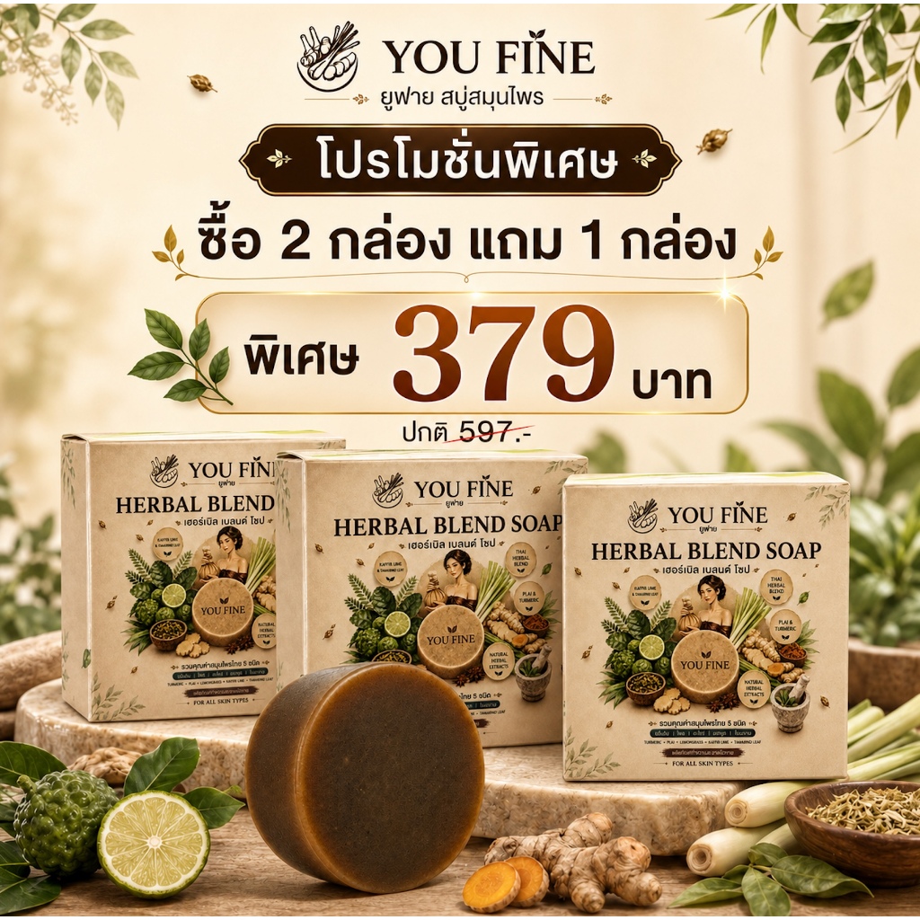[โปร 2 เเถม 1 ] YOUFINE อยู่ไฟ สบู่ก้อน สมุนไพรดับกลิ่นตัว