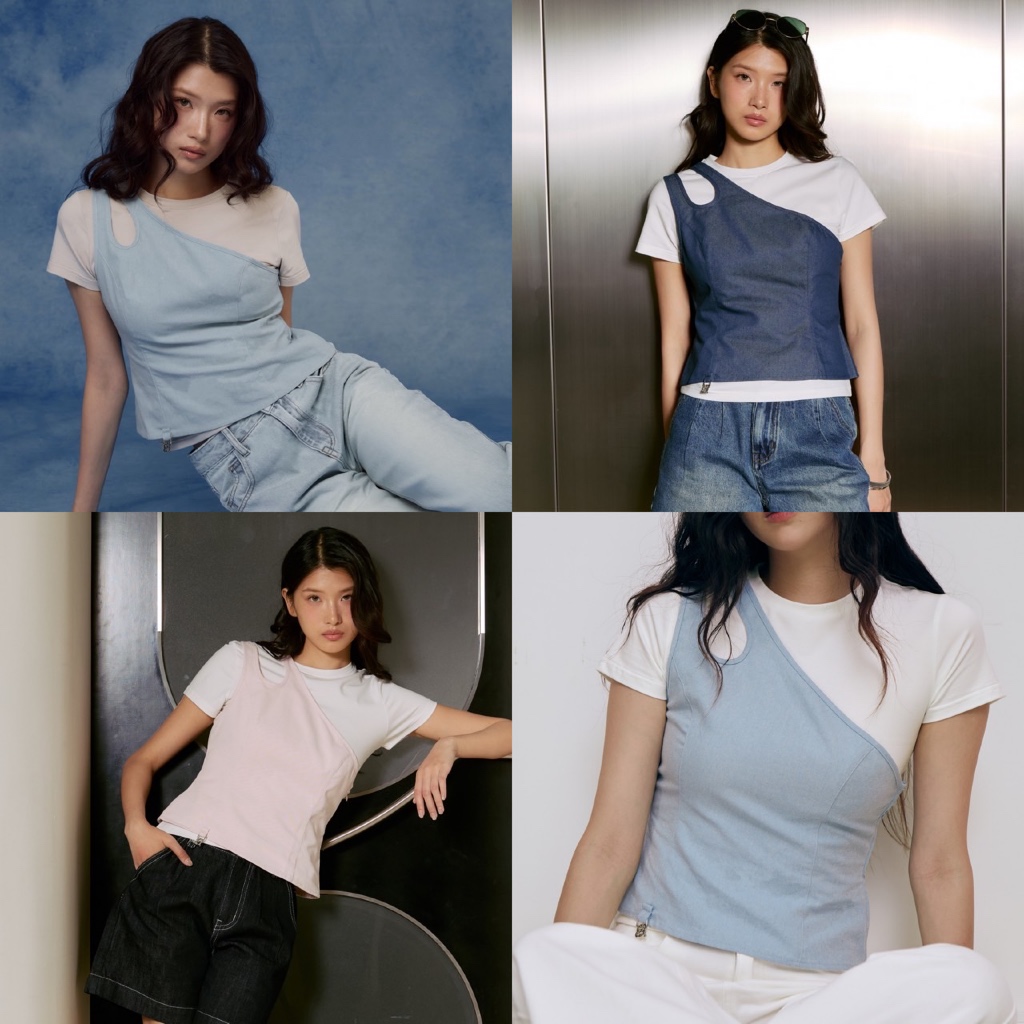 CHUUCHOP - (S-4XL) Leon Layers Top  เสื้อยืดเลเยอร์ปาดไหล่ แยกชิ้นได้ ใส่สบาย ได้ลุคแฟชั่น (C8603)