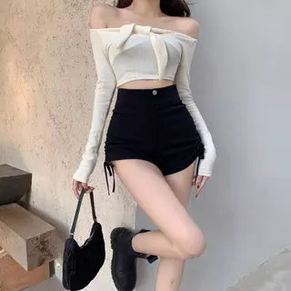 กางเกงขาสั้นเอวสูงผู้หญิง แต่งย่นรูดข้าง ทรงเข้ารูป พรางหน้าท้อง ใส่แล้วดูขายาว ผ้ายืดใส่สบาย สไตล์เกาหลี