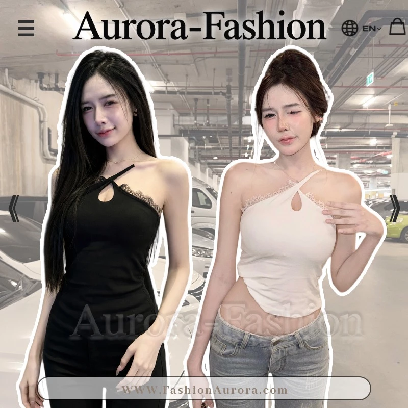 Aurora🛒พร้อมส่ง🚚(รูปถ่ายจากงานจริง) เสื้อกั๊กสายคล้องคอแบบครอส รายละเอียดขอบลูกไม้ ทรงเข้ารูป มีฟองน้ำ สไตล์เซ็กซี่