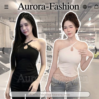 Aurora🛒พร้อมส่ง🚚(รูปถ่ายจากงานจริง) เสื้อกั๊กสายคล้องคอแบบครอส รายละเอียดขอบลูกไม้ ทรงเข้ารูป มีฟองน้ำ สไตล์เซ็กซี่
