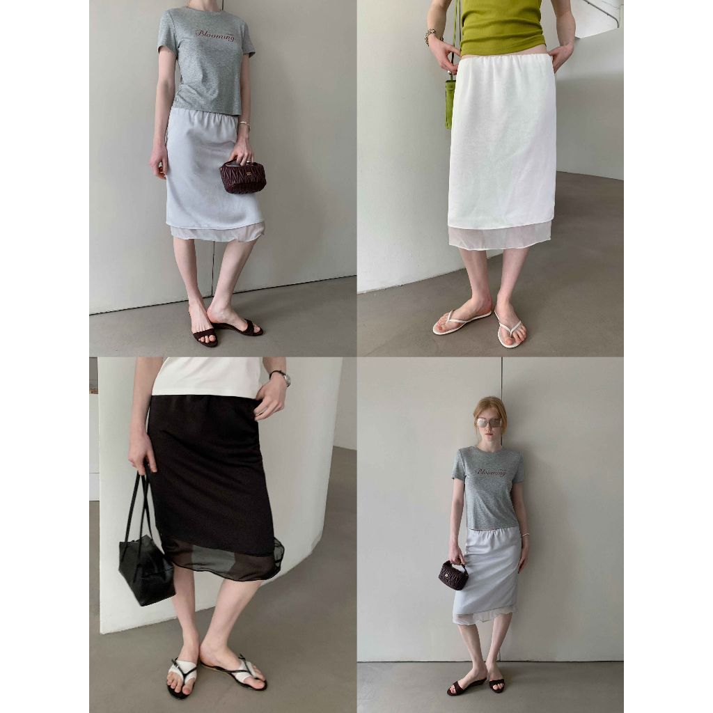 INBYIN - กระโปรงมิดิแต่งชายเลเยอร์ WIRE HEM LAYERING SLIP SKIRT - D8219