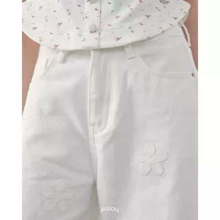 Paloy - PL6376 Poppy Jeans กางเกงยีนส์ ทรงกระบอกกลาง ดีเทลตัดเย็บแต่งดอกไม้