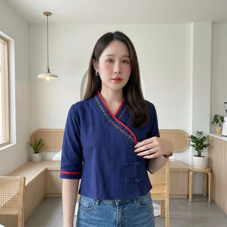 เสื้อผ้าฝ้ายผู้หญิง เสื้อทรงป้ายเจ้านาง กระดุมจีน งานปักมือ Handmade ผ้าฝ้ายเนื้อดี