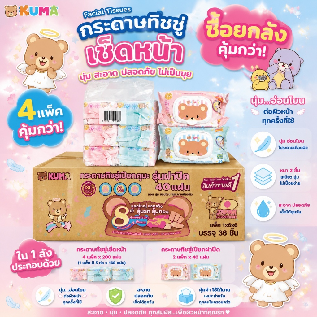 ยกลัง KUMA-กระดาษทิชชู่เปียกคุมะ 36 ห่อ สำหรับทำความสะอาด ยกลังสุดคุ้ม