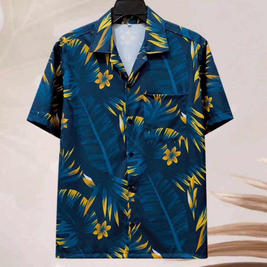 เสื้อเชิ้ตฮาวาย ลายใบไม้เขียวเหลือง (พื้นสีเขียว) ผ้าไหมอิตาลี