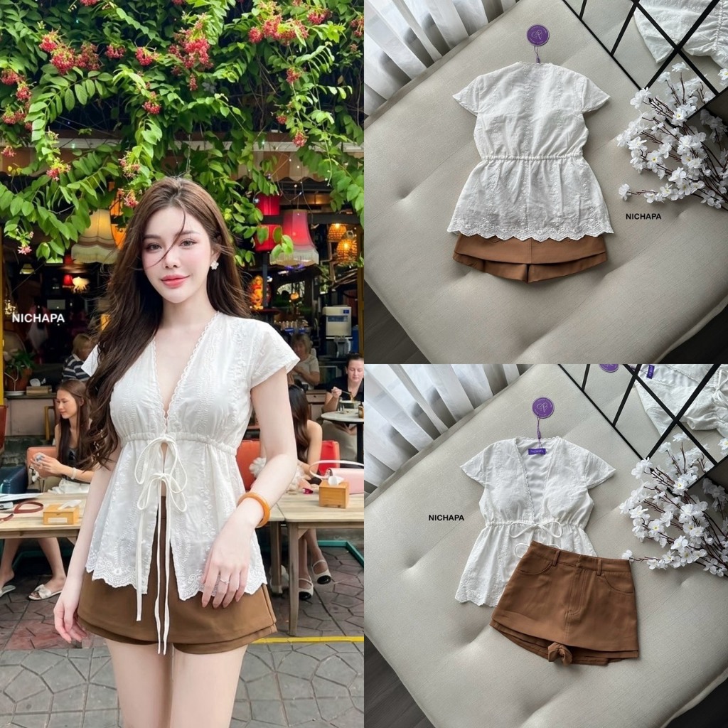 NICHAPA Setเสื้อแขนสั้นปักลูกไม้ + กางเกงกระโปรงสีน้ำตาล