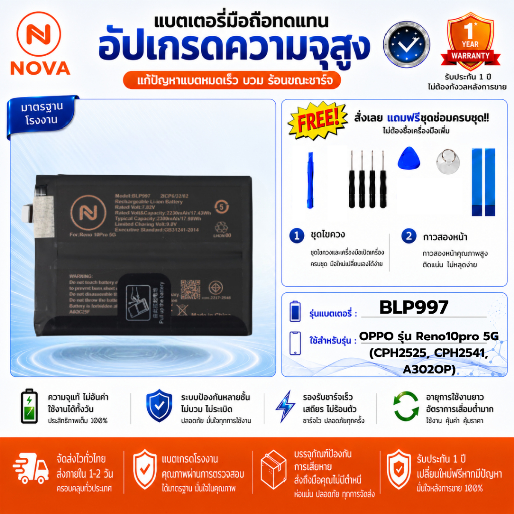แบตเตอรี่ OPPO รุ่น Reno10pro 5G  (CPH2525, CPH2541, A302OP) MODEL:BLP997 2300mAh