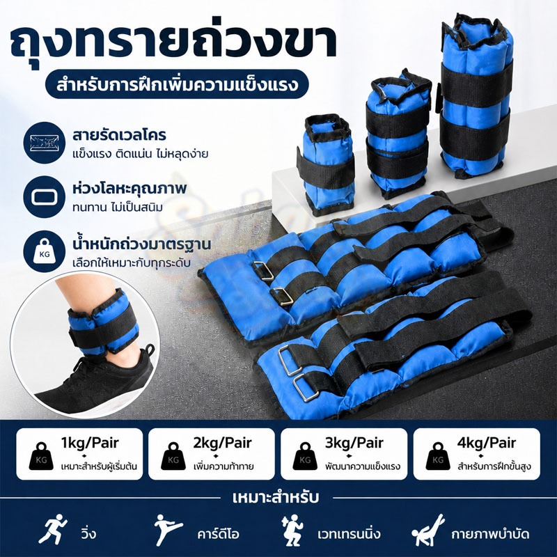ถุงทรายถ่วงน้ำหนักคู่ สายรัดข้อมือข้อเท้าเหล็ก ปรับน้ำหนัก 1-4กก. สำหรับฝึกออกกำลังกายเสริมความแข็งแรง