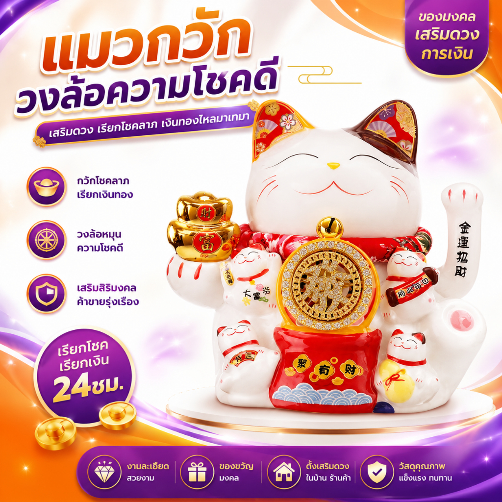 แมวกวัก วงล้อเรียกทรัพย์ ขนาด8 นิ้ว ถือก้อนทองนำโชครับทรัพย์ งานเซรามิค โคมไฟสไตล์นอร์ดิก