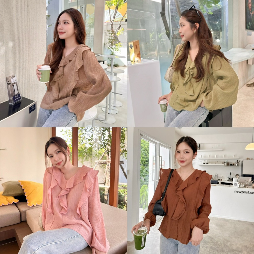 IRENE BLOUSE เสื้อแขนยาวคอระบายแพทเทิร์นน่ารัก ทรงคอวี ผ้าฝ้ายผสมอัดยับย่น ใส่เที่ยว ใส่ทำงาน เนื้อผ้าบางเบาใส่สบาย
