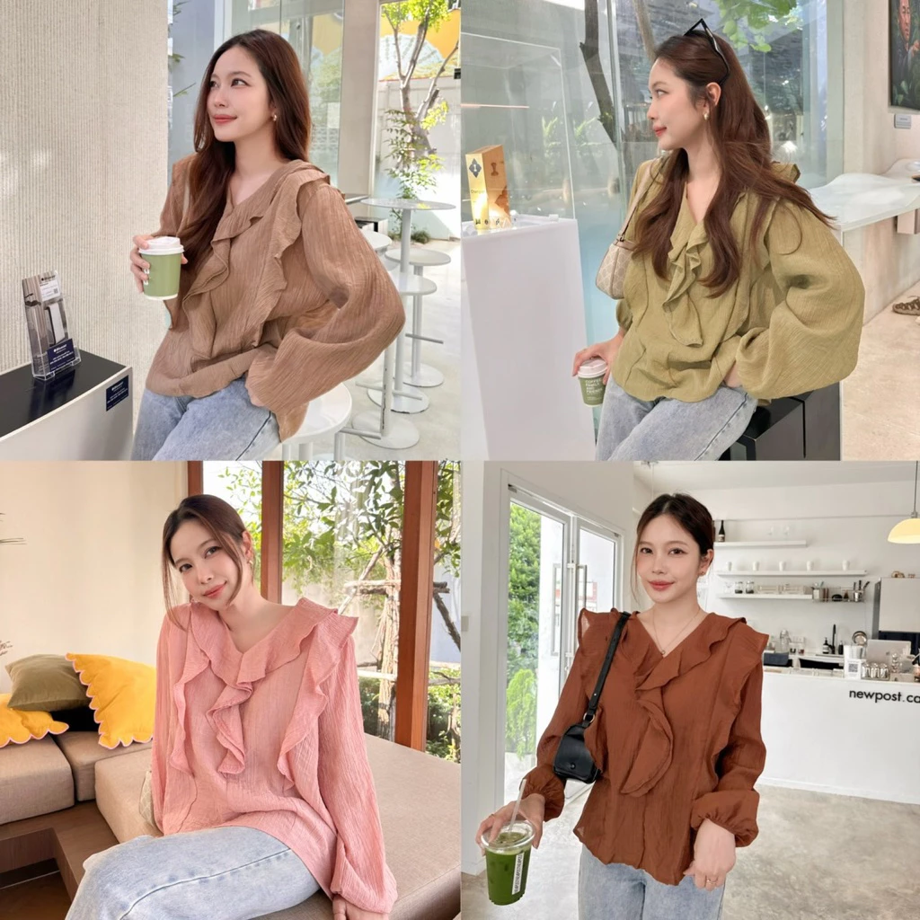 IRENE BLOUSE เสื้อแขนยาวคอระบายแพทเทิร์นน่ารัก ทรงคอวี ผ้าฝ้ายผสมอัดยับย่น ใส่เที่ยว ใส่ทำงาน เนื้อผ้าบางเบาใส่สบาย