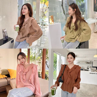 IRENE BLOUSE เสื้อแขนยาวคอระบายแพทเทิร์นน่ารัก ทรงคอวี ผ้าฝ้ายผสมอัดยับย่น ใส่เที่ยว ใส่ทำงาน เนื้อผ้าบางเบาใส่สบาย