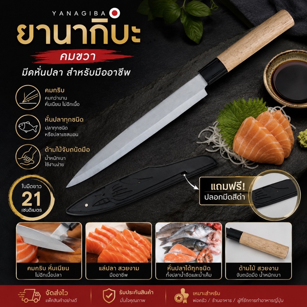 มีดยานากิบะ มีดทำครัว มีดแล่ปลา แซลมอน มีดญี่ปุ่น มีดซาซิมิ Yanagiba knife