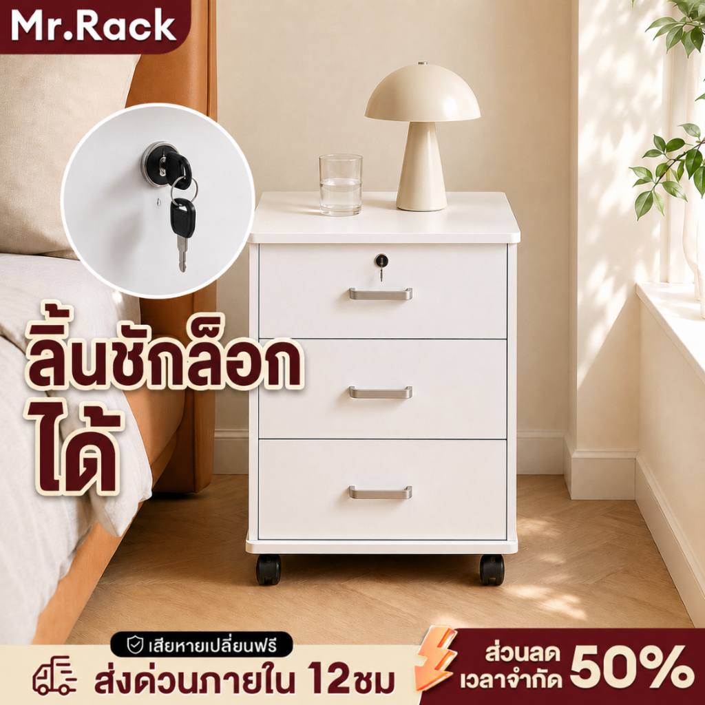MR โต๊ะข้างเตียง ตู้เก็บเอกสาร โต๊ะหัวเตียง มีล้อ พร้อมล็อค การปกป้องความเป็นส่วนตัว ใช้สำหรับ ห้องนอน ห้องทำงาน