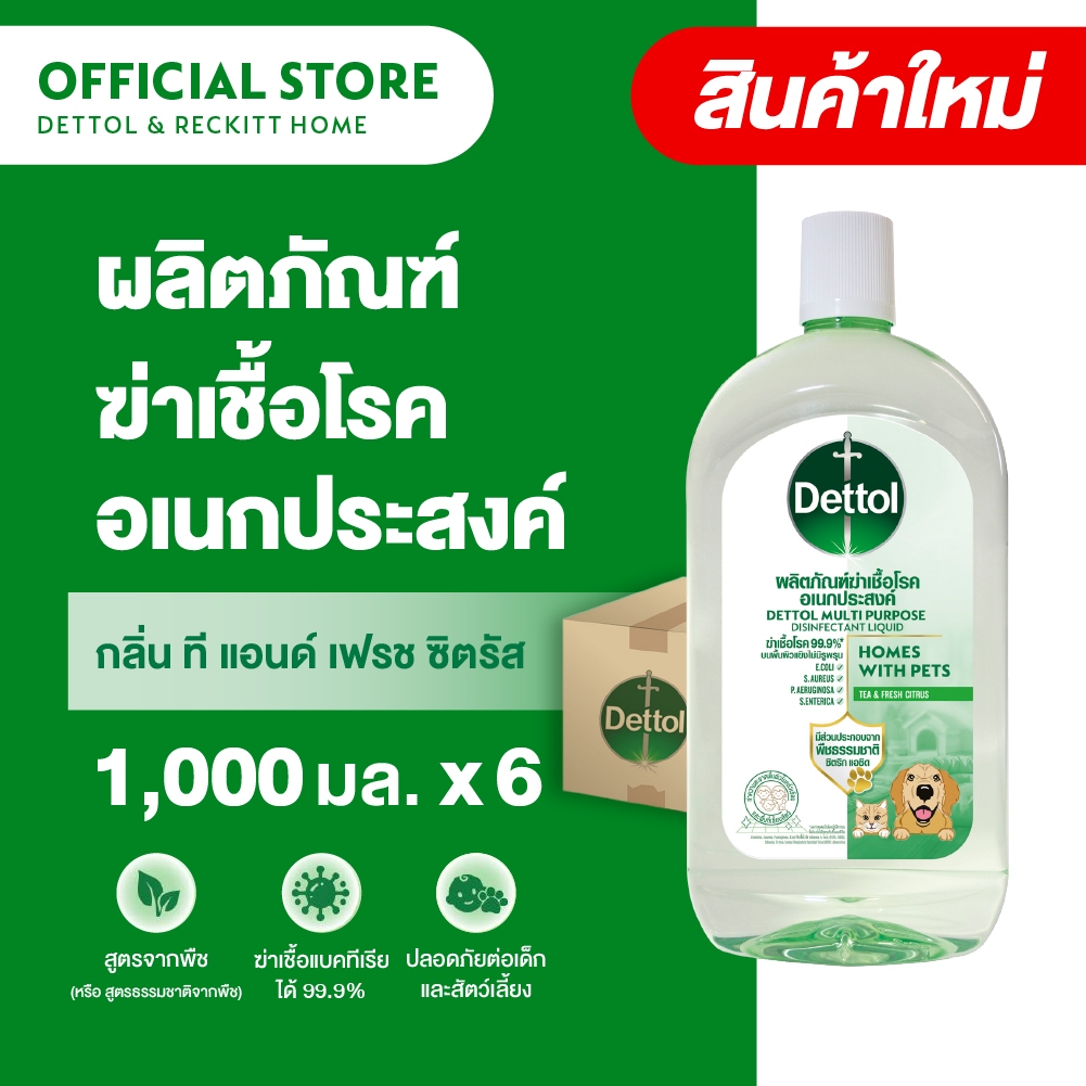 Dettol เดทตอลน้ำยาฆ่าเชื้อเดทตอล น้ำยาฆ่าเชื้อโรค สูตรใหม่ สูตรทำจากธรรมชาติ กลิ่นลิควิด ที แอนด์ เฟรช ซิตรัส 1,000มล.X6