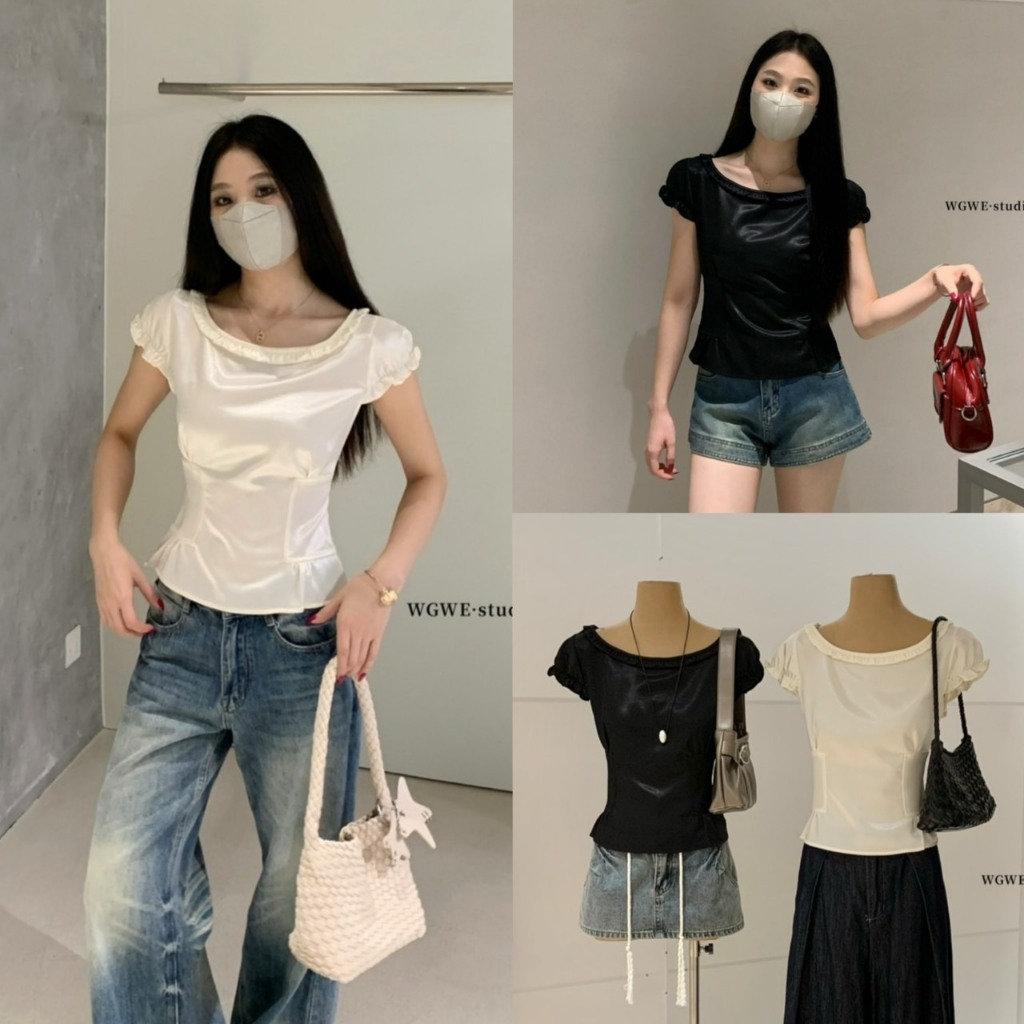 เสื้อแขนสั้นคอกลมผ้าซาติน - 10414 TAG WG.WE 🇰🇷