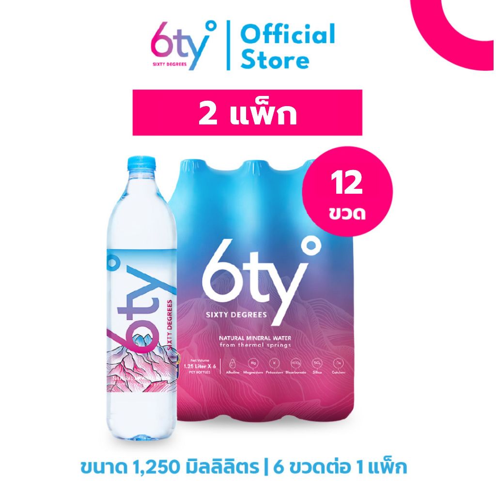 [1250ml 2 แพ็ก 12 ขวด] 6ty Degrees Mineral Water ซิกตี้ดีกรี น้ำแร่ธรรมชาติ จากแหล่งน้ำร้อนเชียงดาว