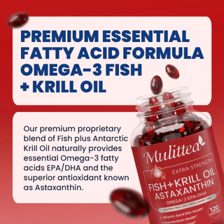 Mulittea astaxanthin+น้ำมันปลา+น้ำมันคริลล์ สารต้านอนุมูลอิสระ บำรุงข้อต่อ กล้ามเนื้อ ผิวหนัง ตา และหลอดเลือด 120 ชิ้น