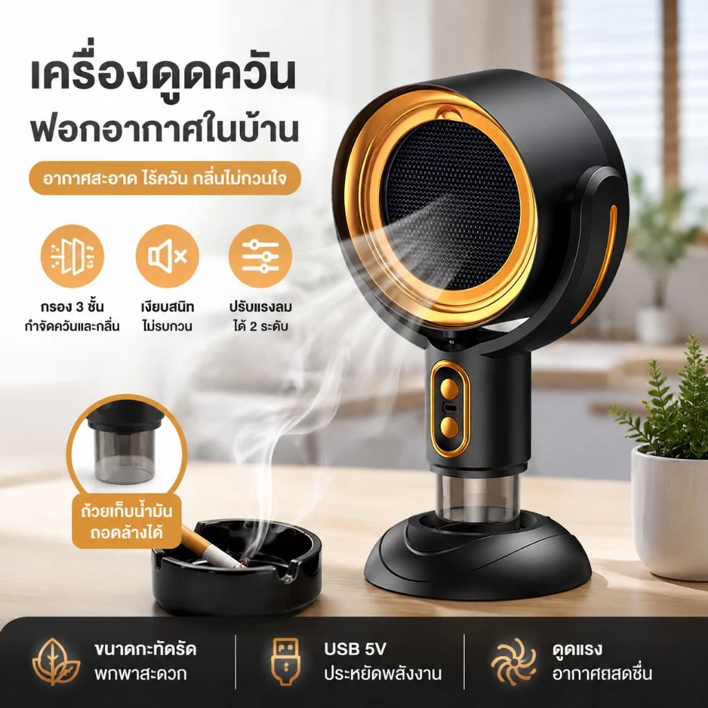 เครื่องดูดควันไฟฟ้าแบบพกพา ชาร์จ USB พร้อมพัดลมดูดอากาศ ตัวกรองอลูมิเนียมที่ถอดออกได้