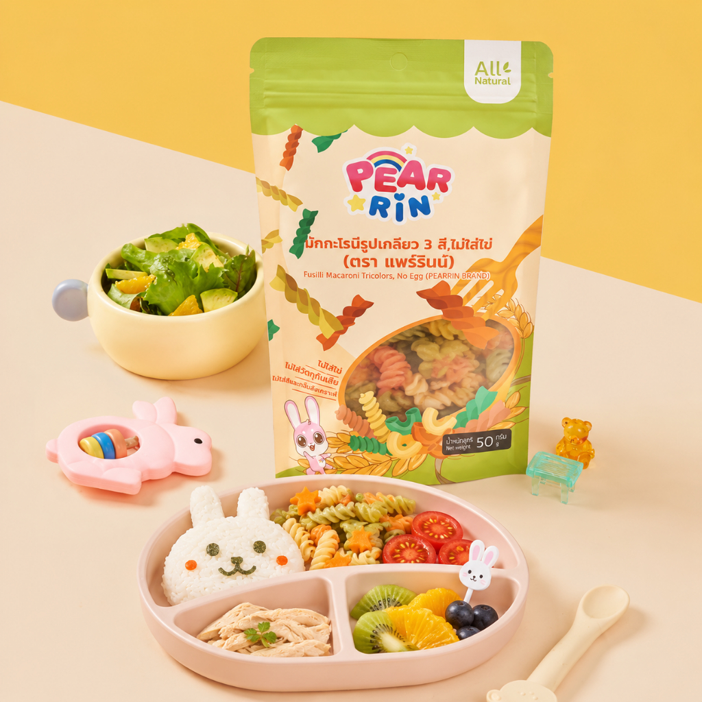 มักกะโรนีรูปเกลียว 3 สี, ไม่ใส่ไข่ (ตรา แพร์รินน์)Fusilli Macaroni Tricolors, No Egg (PEARRIN BRAND) 50 กรัม