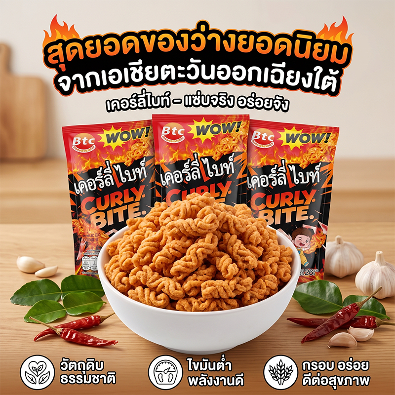 BTC Curly Bite ขนมขบเคี้ยวเส้นกรอบ รสเข้มข้น ขนมกรอบทานเล่น เคี้ยวเพลิน อร่อยง่าย น้ำหนัก 26g