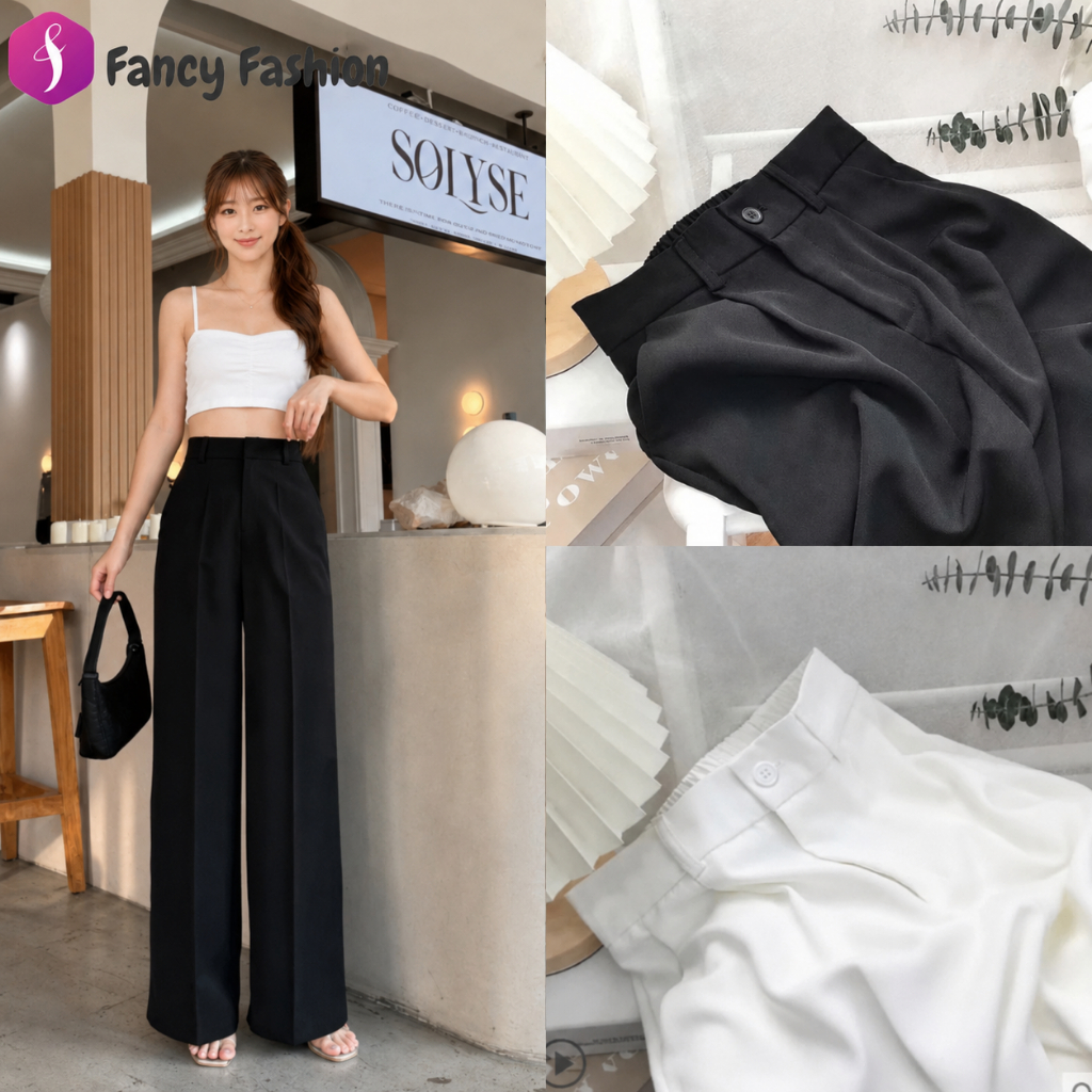 Fancy Fashion กางเกงขายาวทรงตรง กางเกงขายาวลำลองผู้หญิง ดีไซน์เอวสูง ผ้าพลิ้วไหว