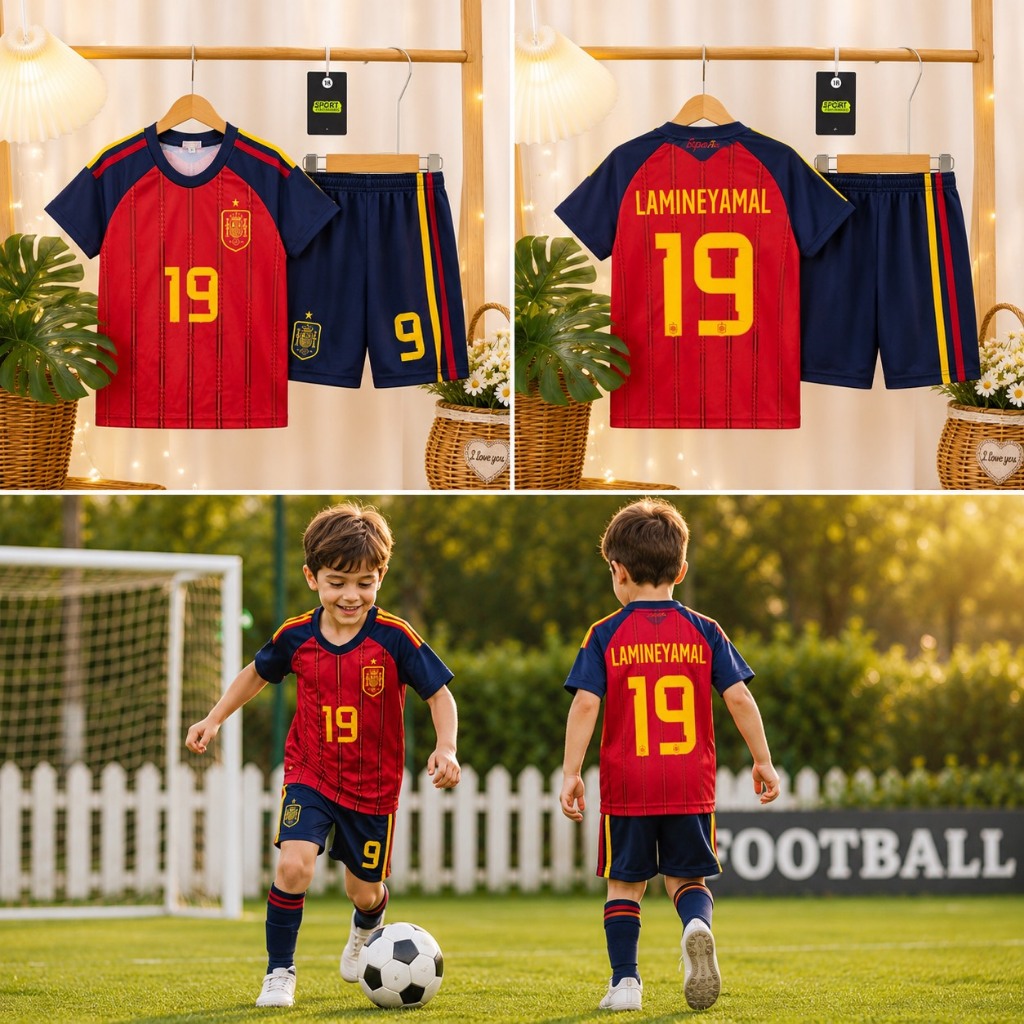 ชุดเซ็ตเสื้อพร้อมกางเกงฟุตบอลเด็ก สีแดงกางเกงน้ำเงินทีมสเปนชุดเบอร์19  ลามินยามาลใส่สบาย