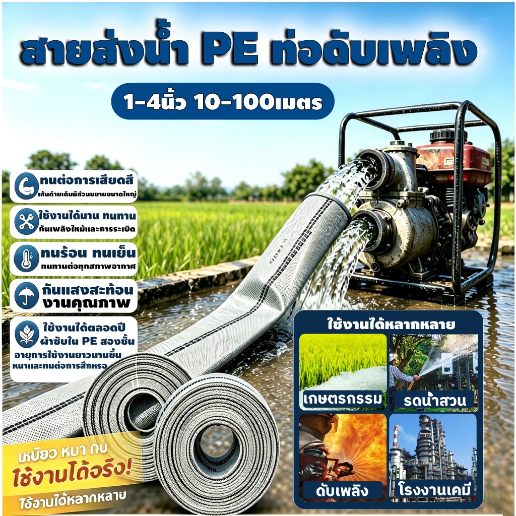 สายส่งน้ำ สายส่งน้ำผ้าใบ 1นิ้ว-4นิ้ว 10-100 เมตร สายผ้าใบ สายยางดับเพลิง สายส่งPE หนาพิเศษ แรงดันสูง สายยาง 1 นิ้ว