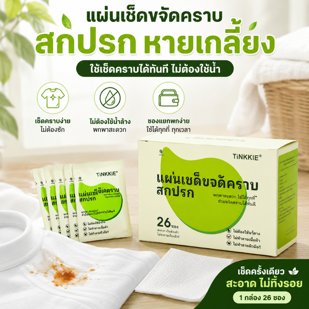 แผ่นเช็ดขจัดคราบ เสื้อผ้า แผ่นเช็ดคราบอเนกประสงค์ ไม่ต้องใช้น้ำ พกพาสะดวก เช็ดคราบอาหาร กาแฟ ซอส ได้ทันที