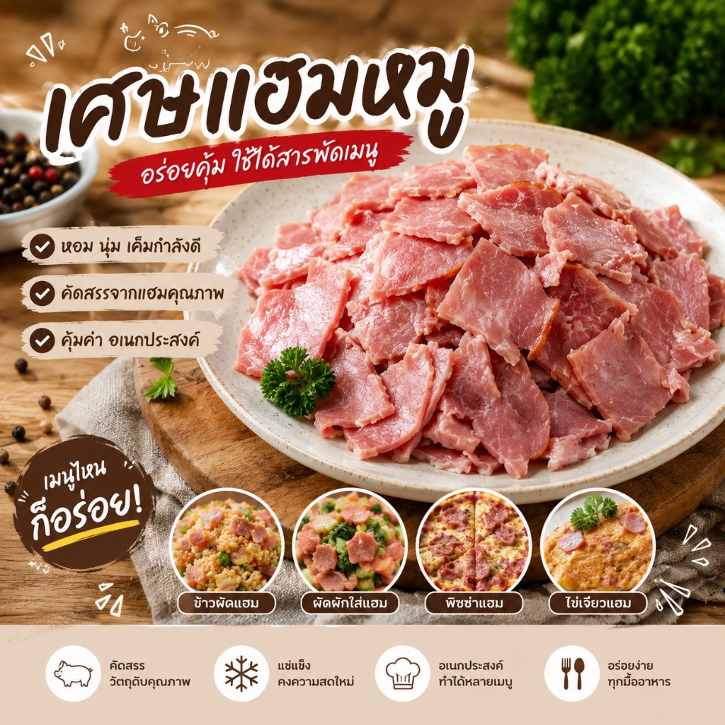 เศษแฮมหมู ขนาด500กรัม ราคาย่อมเยา จากโรงงานดัง
