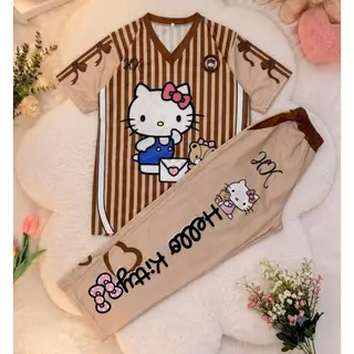 ( Bset70 ) ชุดเซท เสื้อ กก.ขายาว คอวี น้องคิตตี้ 6สี sport ฟรีไซส์