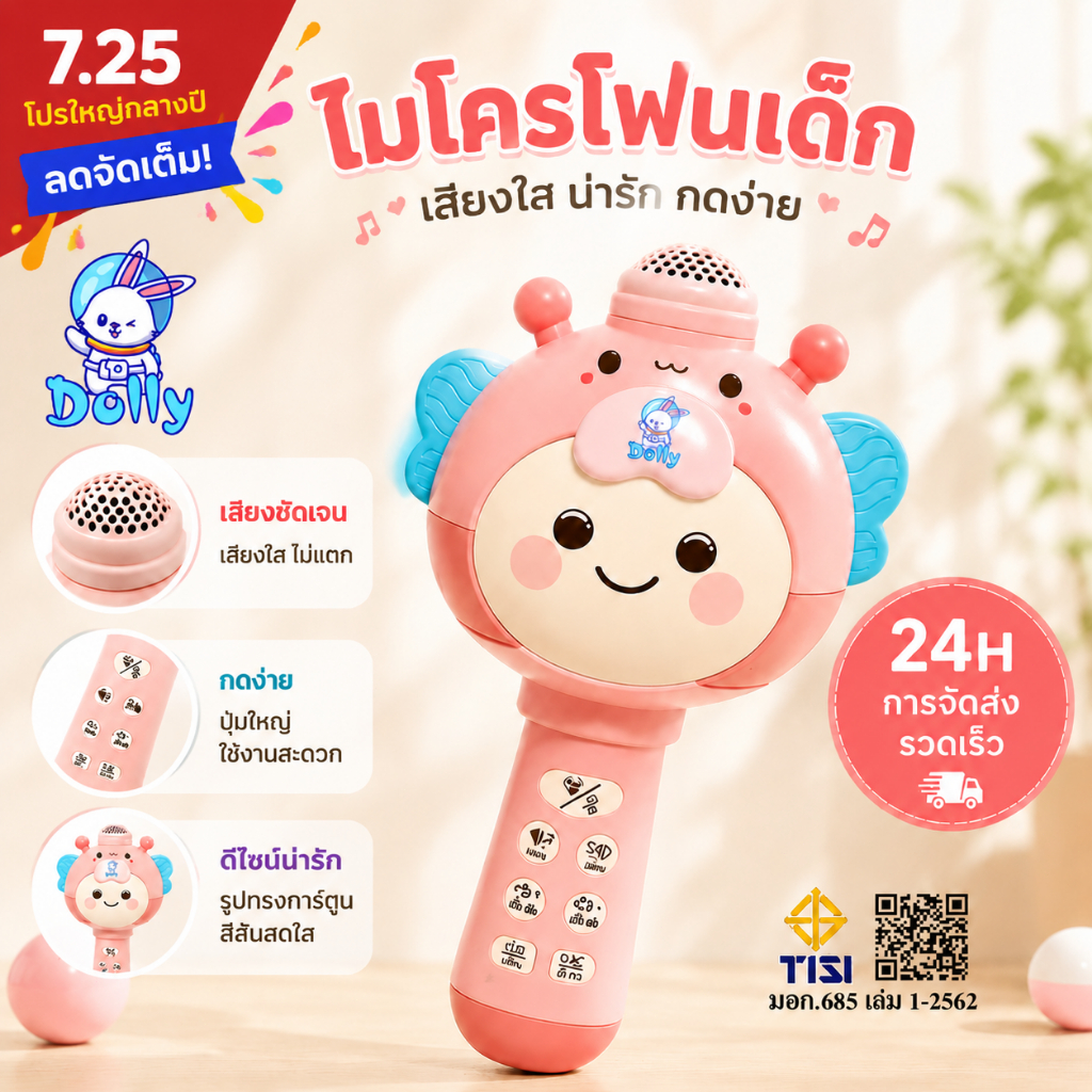 Dolly ไมโครโฟนเด็ก  ไมโครโฟนไร้สาย ไมค์ร้องเพลงเด็กไมโครโฟนของเล่น ไมค์พร้อมลำโพงในตัว เชื่อมต่อบลูทูธได้