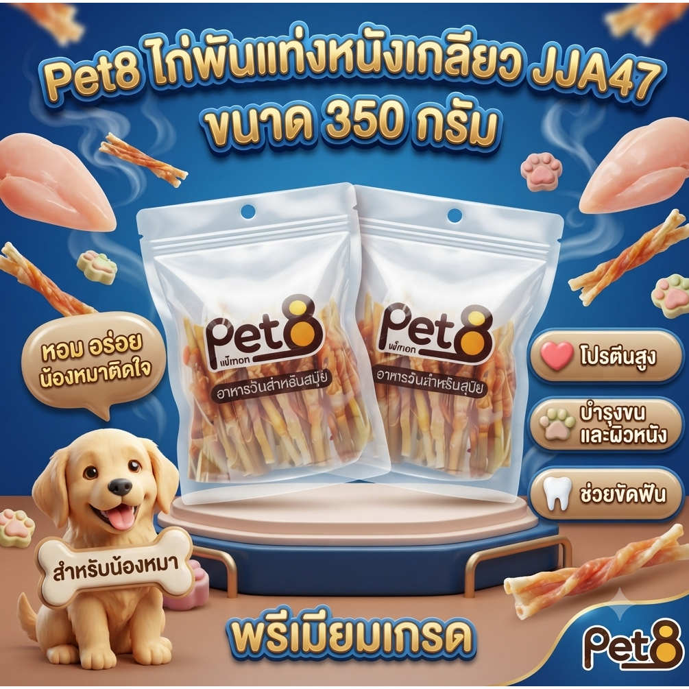 PET8 ไก่พันแท่งหนังเกลียว 5นิ้ว 400gx2 ห่อ ผลิตจากวัตถุดิบธรรมชาติ ให้สัตว์เลี้ยงคุณเพลิดเพลิน อร่อย ซื้อคู่ คุ้มค่า