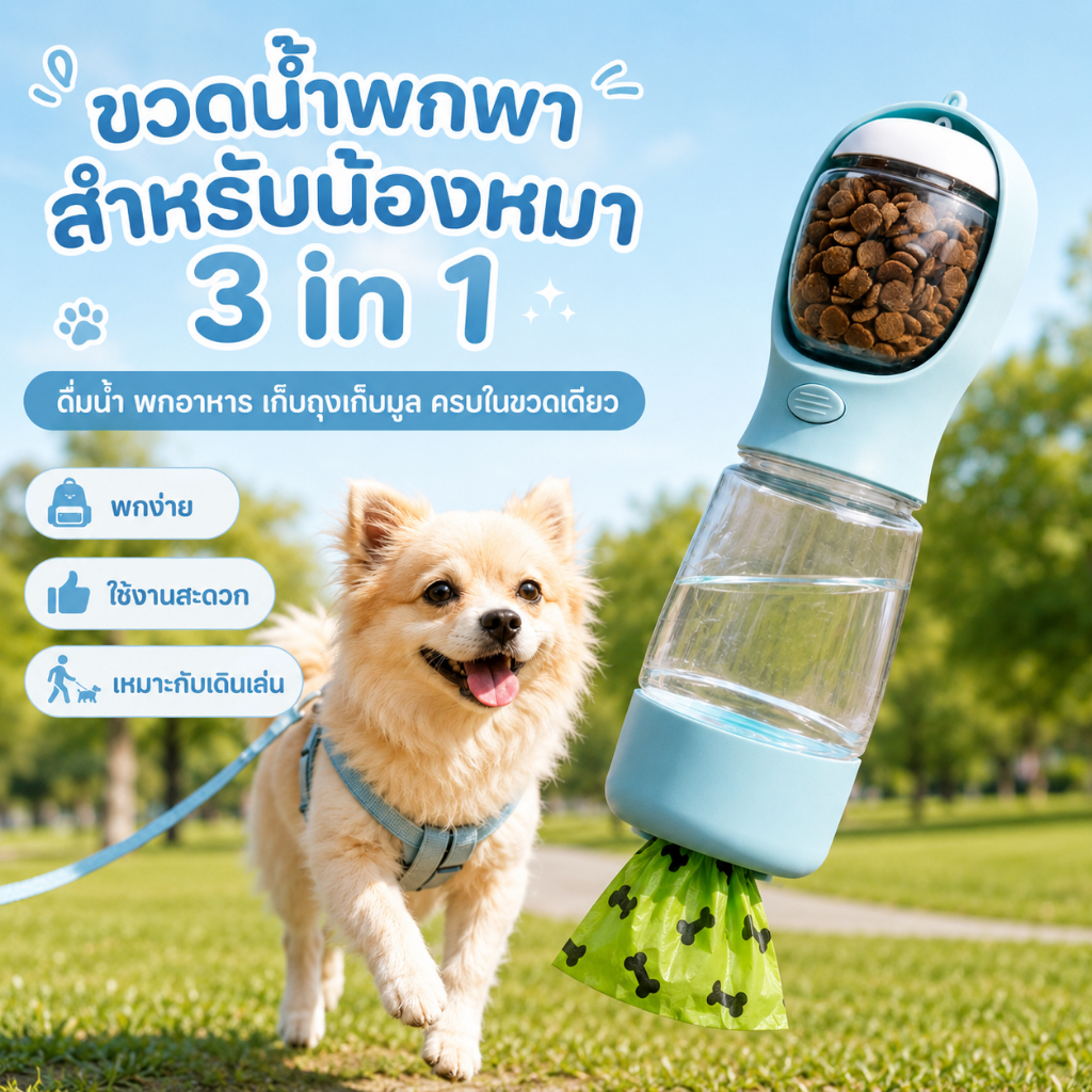 ขวดน้ำสุนัขพกพา 3in1 ที่ให้น้ำสัตว์เลี้ยงแบบพกพา พร้อมช่องใส่อาหารและเก็บถุงเก็บมูล สำหรับเดินเล่น HeyHooman