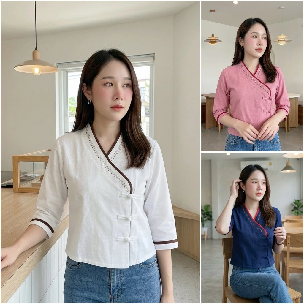 เสื้อผ้าฝ้ายผู้หญิง เสื้อทรงป้ายเจ้านาง กระดุมจีน งานปักมือ Handmade ผ้าฝ้ายเนื้อดี