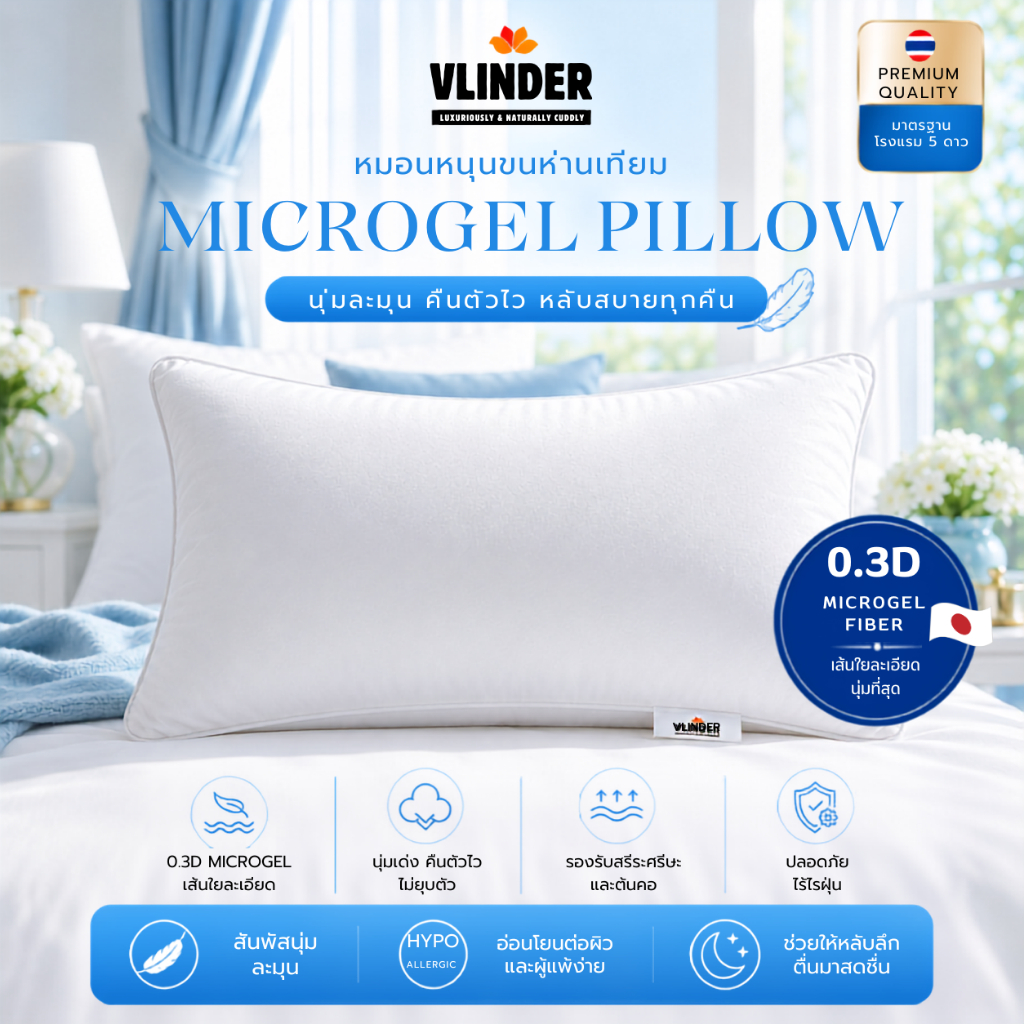 🔥 หมอนหนุนขนห่านเทียม 🔥มาตราฐานโรงแรม 100% Alternative Down Pillow หมอนใยไมโครเจล หมอนหนุน