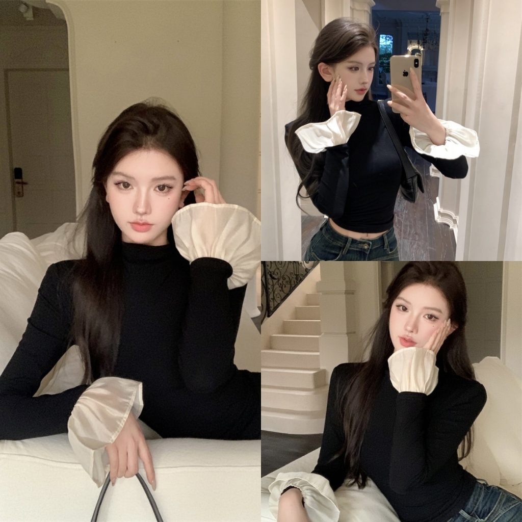 Beryl พร้อมส่ง เสื้อยืดแขนยาวผู้หญิง เสื้อรัดรูปแขนยาวสีดำ รัดรูปกระชับรูปร่าง ดีไซน์ต่อชิ้นปลายแขน สไตล์เกาหลี