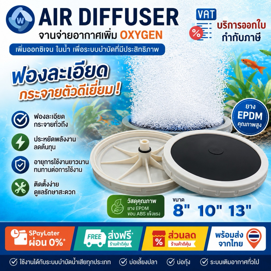 Air diffuser หัวกระจายอากาศ จานจ่ายอากาศ ฟองละเอียด แบบมีขอบ เพิ่มออกซิเจน สำหรับบ่อกุ้ง บ่อปลา ระบบบำบัดน้ำเสีย