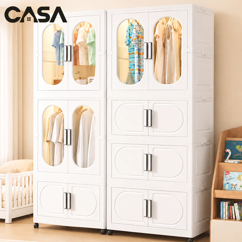 CASA ตู้เสื้อผ้า PP หนาพิเศษ มีล้อเลื่อน พับเก็บได้ สีครีม ประตูใส พร้อมลิ้นชัก กันน้ำ กันฝุ่น