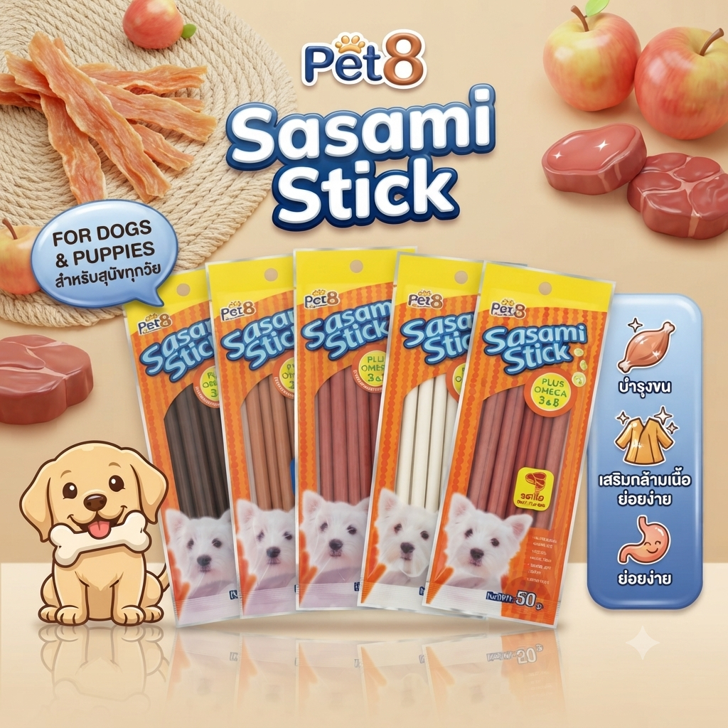 Pet8 sasami stick สติ๊กไก่ สูตรแข็ง เคี้ยวอร่อย เสริมโอเมก้า 3&6 มี 5 รสชาติ 50g