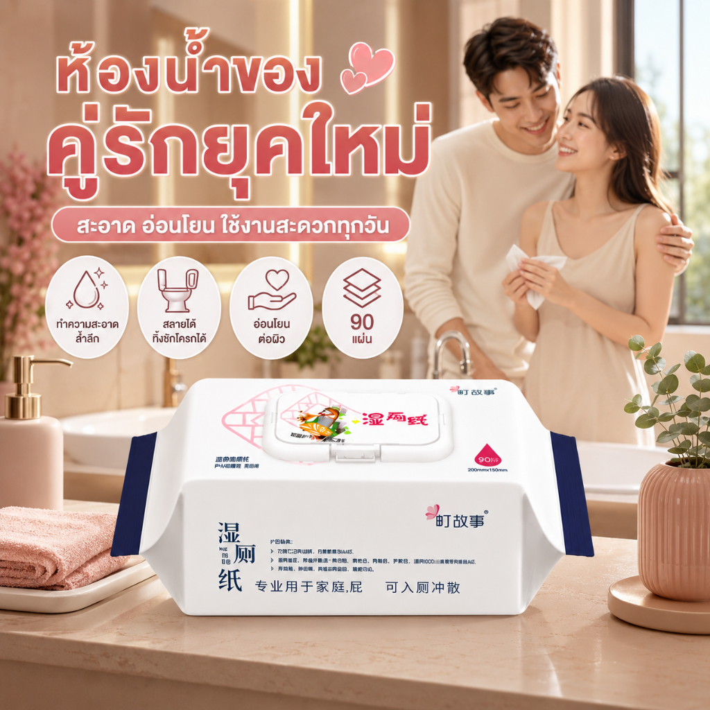 ทิชชู่เปียกสำหรับคู่รักและครอบครัว ใช้ในห้องน้ำทุกวัน 90 แผ่น เนื้อนุ่ม สะอาด อ่อนโยน พกง่าย ใช้งานสะดวก